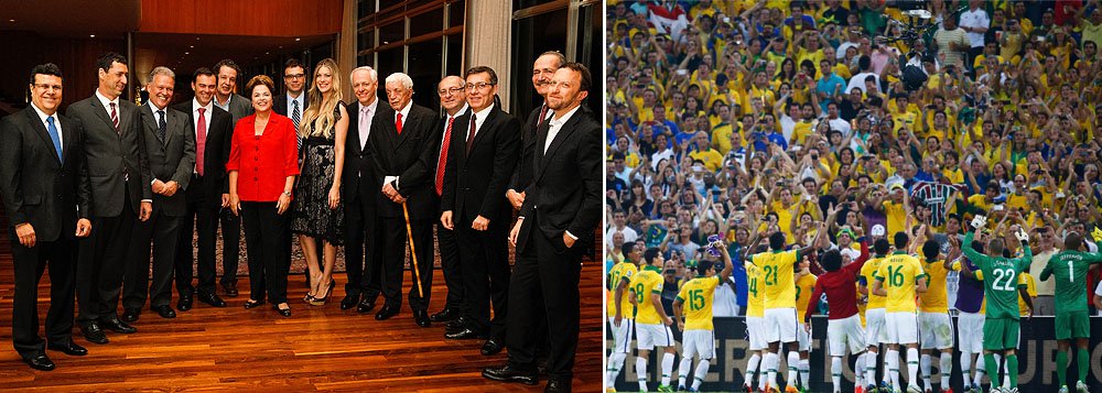 Em jantar com jornalistas, presidente Dilma Rousseff reclamou do peso dos principais dirigentes da Fifa; 'Tirem Blatter e Valcke das minhas costas', disse, ao defender que obras são para o país, não para a Copa; mais cedo, ela ressaltou que o legado do Mundial fica para o povo brasileiro: "Porque ninguém que vem aqui assistir à Copa leva consigo na sua mala aeroportos, portos, obras de mobilidade urbana, nem tampouco estádios"; segundo Dilma, "todos nós vamos juntos torcer pela vitória da nossa Seleção": "a hora em que a onça for beber água este país vai endoidar com a Copa e o Brasil vai vencê-la"