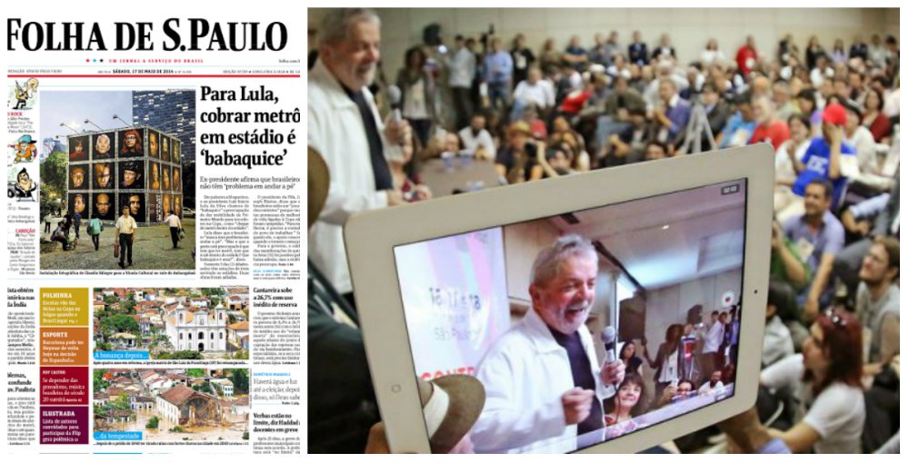 Discurso do ex-presidente Lula no encontro nacional de blogueiros, em que ele discutiu a desconcentração dos meios de comunicação no Brasil, só serviu, na Folha, para que uma declaração fosse pinçada: a de que seria uma "babaquice" querer "chegar de metrô dentro do estádio"; Lula disse ainda que o torcedor nunca teve problema em andar a pé; "Vai a pé, descalço, de bicicleta, de jumento, de qualquer coisa. Mas o que a gente está preocupado é que tem que ter metrô, tem que ir até dentro do estádio? Que babaquice é essa?", questionou; pontos importantes do discurso, como a regulação da mídia, foram ignorados