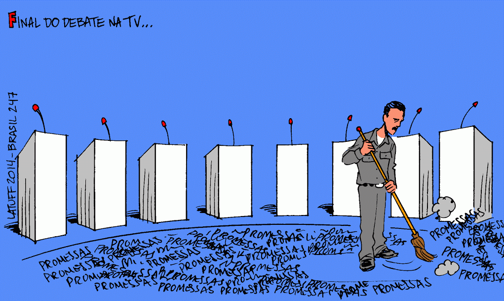 "Promessas" foram o que ficaram ao final do debate entre os principais candidatos à Presidência na TV Bandeirantes, na noite desta terça-feira, mostra o cartunista Carlos Lattuf