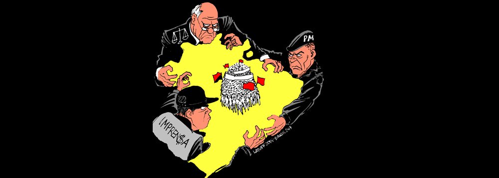 Nova charge do cartunista Carlos Latuff ironiza o "Estado Democrático de Direito" com a prisão, pela polícia, de manifestantes no Rio de Janeiro, com apoio da imprensa e da Justiça