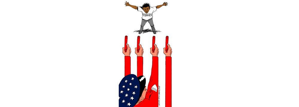 Cartunista Carlos Latuff traz à tona o caso do jovem negro que foi morto por um policial branco em Ferguson, no estado americano de Missouri; violência policial é problema comum entre os dois países