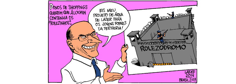 Donos de lojas em shoppings pediram hoje ao governador de São Paulo, Geraldo Alckmin, para que contenha o encontro dos jovens de periferia; na charge de Carlos Latuff, como seriam os 'rolezódromos'