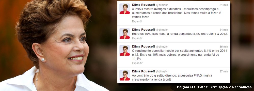 A presidente voltou ao microblog neste sábado para comentar os dados Pesquisa Nacional de Amostragem por Domicílios, do IGBE; entre 2011 e 2012, a renda dos 10% mais ricos no Brasil aumentou 8,4%; a dos 10% mais pobres cresceu 11,4%