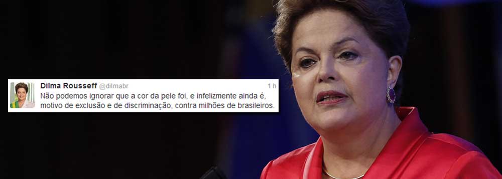 Pelo Twitter, presidente pede apoio a deputados e senadores para aprovação do projeto de cotas raciais em concursos; "Não podemos ignorar que a cor da pele foi e, infelizmente, ainda é motivo de exclusão e de discriminação contra milhões de brasileiros", escreveu Dilma Rousseff; "Conto com o apoio do Congresso Nacional para avançar nesta questão"