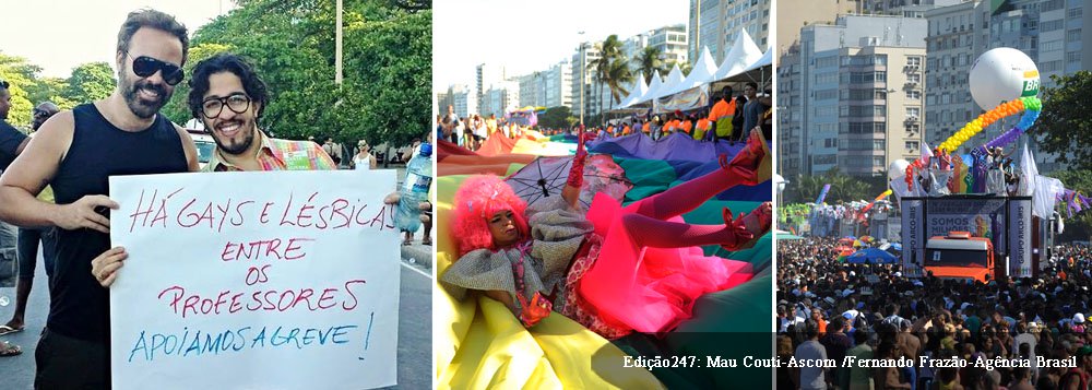 Uma imensa bandeira arco-íris, símbolo da luta pelos direitos dos homossexuais, foi estendida na Avenida Atlântica; trios elétricos animam a passeata com milhares de pessoas na tarde deste domingo, na Praia de Copacabana; mascarados de cor de rosa se autointitulam Pink Blocs, jogam purpurina no público e dizem ser "um grupo de amor livre"; ativista no Congresso, deputado Jean Wyllys (PSOL-RJ) também compareceu à festa, onde defendeu a paralisação dos professores