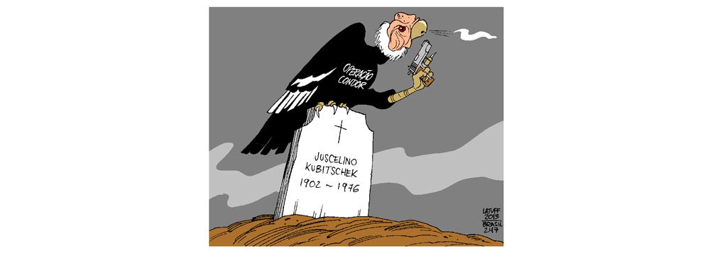 Comissão da Verdade de São Paulo declara que Juscelino Kubitschek foi assassinado; na charge de Latuff, a lembrança de que o ex-presidente foi vítima da Operação Condor, criada pelos regimes militares da América Latina contra líderes de esquerda