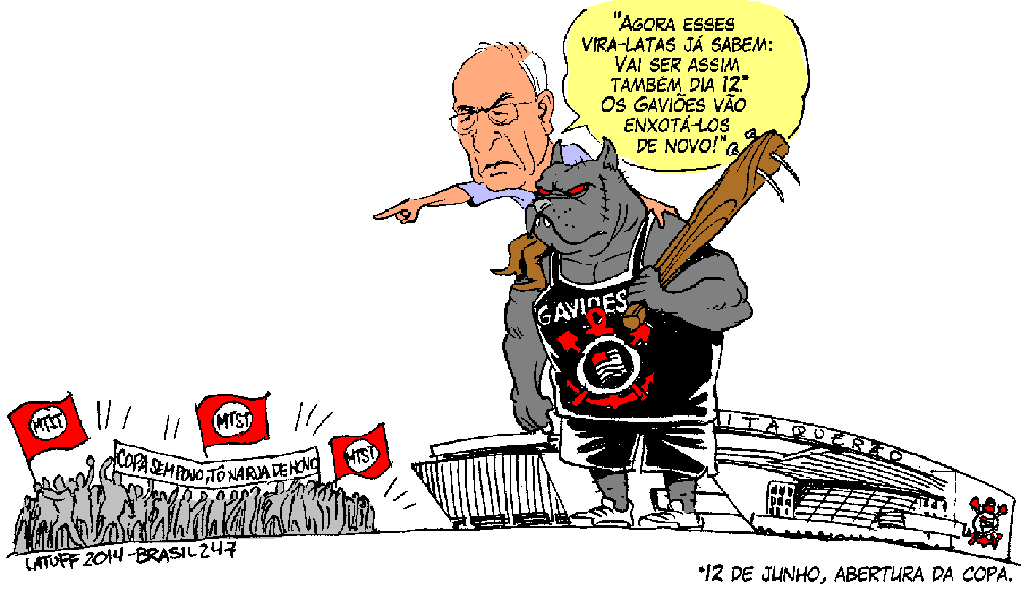 O cartunista Carlos Latuff reagiu às declarações de Emir Sader, intelectual que afirmou que manifestantes contra a Copa do Mundo seriam enxotados pela Gaviões da Fiel