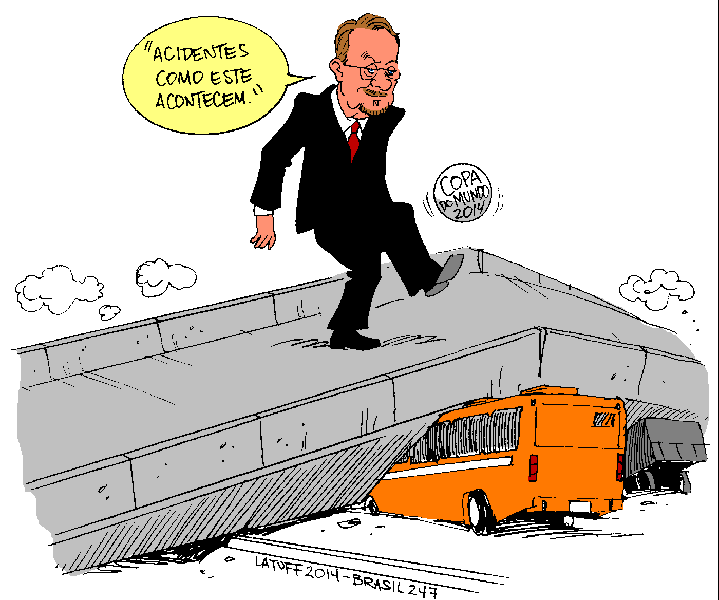 Márcio Lacerda, do PSB, minimiza queda de viaduto que causou a morte de duas pessoas na última quinta-feira 3; na charge de Carlos Latuff, o retrato de sua preocupação com o desastre, em plena Copa do Mundo