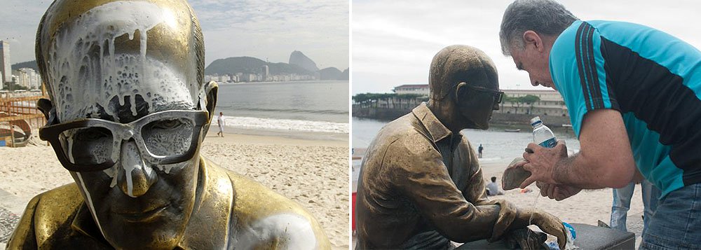 Casal pichou a imagem de Carlos Drummond Andrade, localizada no calçadão da praia de Copacabana, com tinta branca da cabeça aos pés; ato durou cerca de três minutos e foi flagrado por uma câmera do Centro de Operações da Prefeitura do Rio