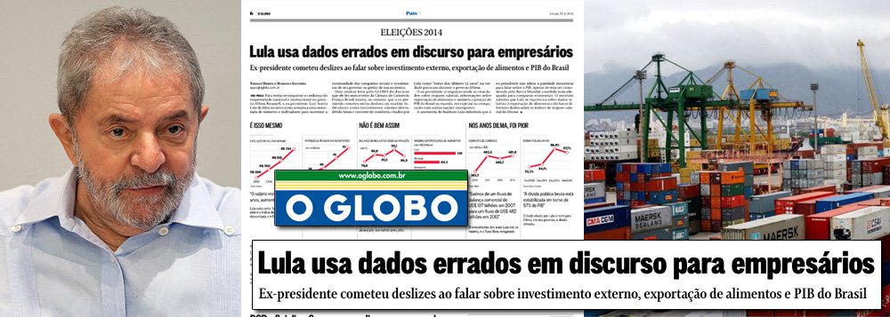 O jornal O Globo tentou fazer uso de dados sociais e econômicos dos últimos 12 anos e que foram utilizados pelo ex-presidente Lula durante uma palestra para empresários europeus, para apontar o que chamou de "deslizes" que teriam sido cometidos pelo petista ao falar sobre o assunto; a resposta veio rápida; em nota, o Instituto Lula ressaltou que, agora, "o leitor do Globo ficou conhecendo pelo menos 13 dados que confirmam os avanços do Brasil nesse período, além de rebater cada um dos supostos "enganos" citados pelo Globo
