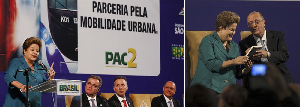 Presidente anunciou nesta sexta-feira 25 recursos do PAC 2 para mobilidade urbana em São Paulo e, ao lado do governador Geraldo Alckmin, criticou os governos federais que antecederam o PT, citando um "déficit histórico" em investimento no setor; "Nos anos de 1980 e 1990 era considerado inadequado fazer metrô, dado o custo elevado de investimento", afirmou; "Investir em metrô é absolutamente essencial", defendeu Dilma; em seu discurso, o tucano cobrou verba da União para a expansão da malha metroferroviária do Estado; "Os grandes metrôs do mundo tiveram recursos do governo federal"