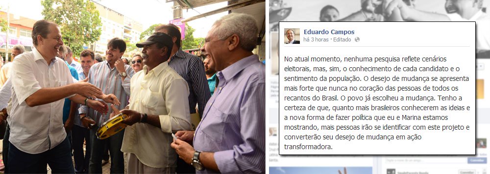Presidenciável pelo PSB comentou em sua página pessoal no Facebook que os números da pesquisa Ibope, em que cresceu cinco pontos percentuais, para 11% das intenções de voto, “não representam o cenário eleitoral”, refletindo apenas o conhecimento do eleitorado em torno de cada candidato; nesta pesquisa divulgada ontem, a presidente Dilma Rousseff (PT) registra 40% das intenções de voto, enquanto o senador mineiro Aécio Neves (PSDB) figura com 20%