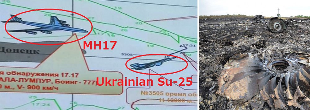 "Um caça da Força Aérea ucraniana foi detectado ganhando altitude, sua distância do Boeing malaio era de 3 a 5 km", declarou oficial russo; modelo SU-25 pode atingir até 10 km de altitude e é equipada com mísseis R-60 ar-ar; "Nós gostaríamos de pedir explicações quanto ao porquê do caça militar estar voando junto a um corredor da aviação civil praticamente na mesma hora e no mesmo nível de uma aeronave cheia de passageiros"