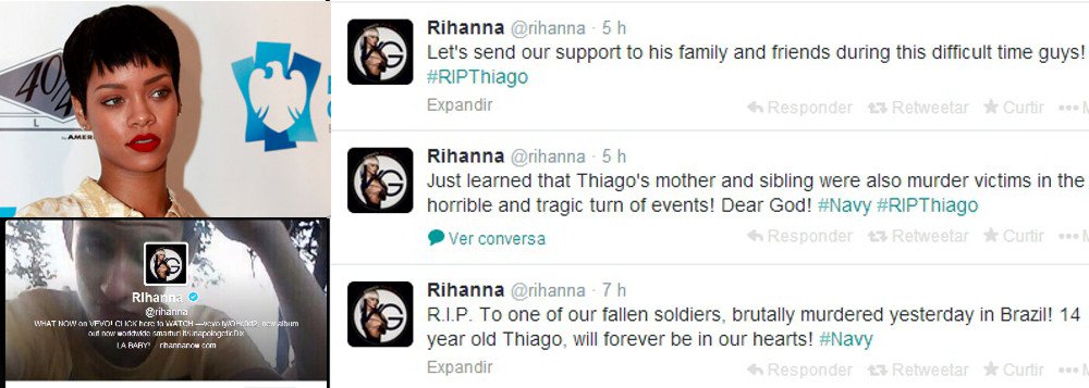 O assassinato de uma mãe e de seus dois filhos pelo companheiro dela chocou Sergipe e chamou a atenção da cantora internacional Rihanna; uma das pessoas mortas, o adolescente Thiago Sobral Valença, de 15 anos, era fã da cantora, que lamentou a morte do garoto no Twitter; "R.I.P. Para um dos nossos soldados mortos brutalmente assassinado ontem no Brasil! Thiago de 14 anos de idade será eterno em nossos corações!", postou Rihanna