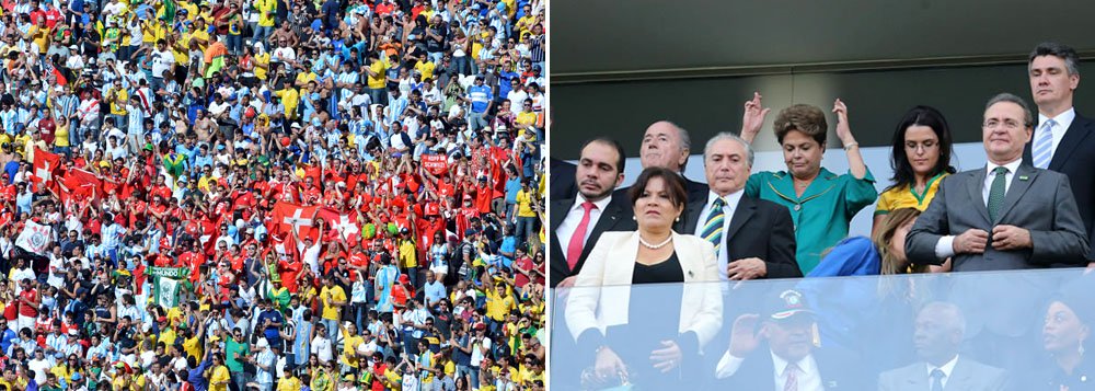 Com mais camisas amarelas que azuis dos argentinos, o Itaquerão registrou nesta terça-feira gritos de "olé olá, Dilma, Dilma" em apoio à presidente da República; na abertura da Copa, em 12 de junho, Dilma foi xingada pela torcida, em episódio fortemente criticado por diversos setores da sociedade
