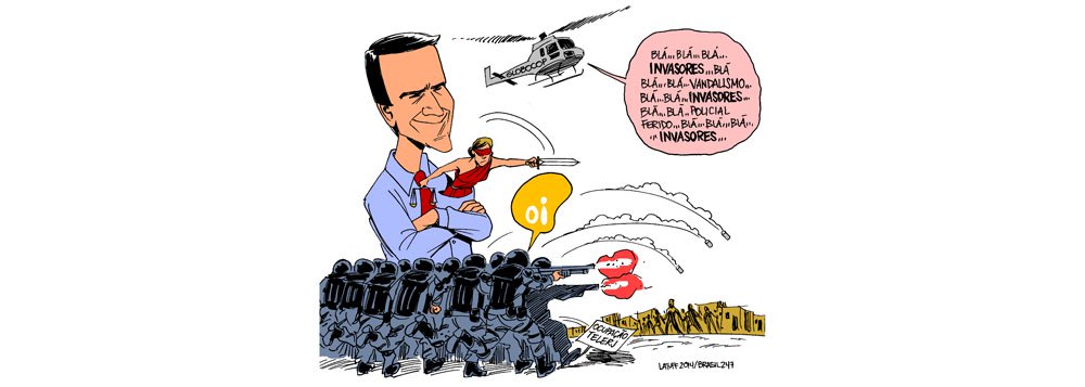 Charge do cartunista Carlos Latuff retrata a desocupação violenta de um prédio da Oi feita nesta sexta-feira por policiais militares, que usam bombas de efeito moral e gás lacrimogênio contra cerca de 5 mil moradores que estão no local; um jornalista foi preso, outros agredidos