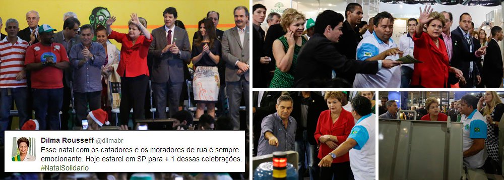 Presidente Dilma Rousseff, que celebrou o Natal hoje com catadores e moradores de rua no Centro de Exposições do Anhembi, em São Paulo, ressaltou que "é impressionante" o que a categoria conquistou até aqui; "Hoje, nós reconhecemos as demandas de todas as parcelas da população", disse; acompanhada de ministros, senadores e deputados, Dilma recebeu reivindicações da classe, assistiu desfile de moda reciclada e assinou decreto que institui o Programa Nacional de Apoio ao Associativismo e Cooperativismo Social; tradição da presença do presidente da República na cerimônia foi iniciada pelo ex-presidente Lula em seu primeiro ano de governo
