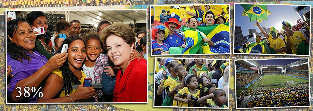Pesquisa mostra que a proporção de eleitores favoráveis à Copa no Brasil subiu de 51% para 63% em um mês; o orgulho com a realização do Mundial também saltou de 45% para 60%; entre os entrevistados, 76% também condenaram os torcedores que xingaram a presidente no jogo de estreia da Copa, em São Paulo; em consequência, as intenções de voto em Dilma Rousseff avançaram de 34% para 38% - a maior variação entre todos os concorrentes - e a aprovação do governo variou positivamente, de 33% para 35%