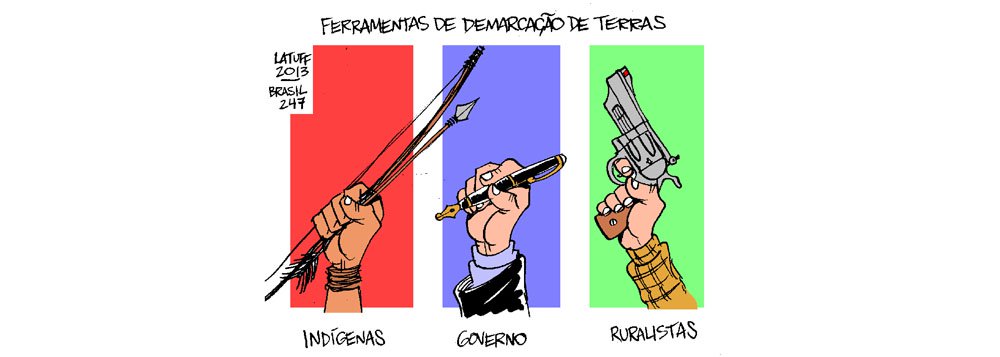 Na charge do cartunista Carlos Latuff, as três ferramentas usadas para a demarcação de terras indígenas no Brasil