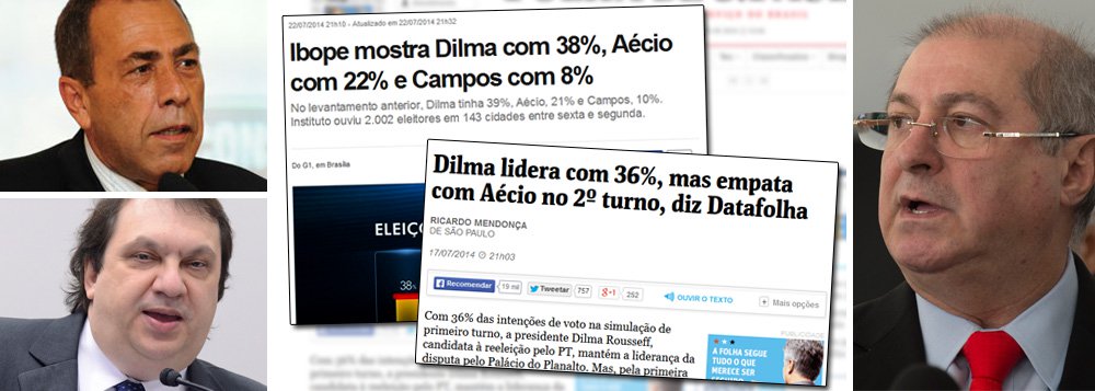 Intenções de voto captadas pelos dois institutos de pesquisa para primeiro turno coincidem; grande diferença está na simulação de segundo turno; enquanto o Datafolha, de Mauro Paulino, aponta empate técnico entre a presidente Dilma Rousseff (PT), com 44%, contra 40% de Aécio Neves, e vitória de apenas sete pontos entre Dilma e Campos, no Ibope, de Carlos Augusto Montenegro, Dilma vence com distância nos dois cenários: 41% contra 33%, contra Aécio, e 41% contra 29%, contra Campos; ministro das Comunicações, Paulo Bernardo, disse nesta quarta-feira que, entre um e outro levantamento, "deve dar uma diferença de 10 milhões de votos"; "Tá muito longe", afirmou