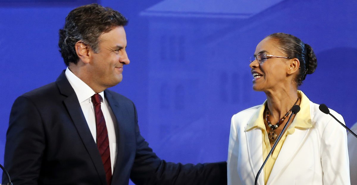 Candidatos Ã  PresidÃªncia AÃ©cio Neves (PSDB) e Marina Silva (PSB) em debate na TV. 16/09/2014 REUTERS/Paulo Whitaker