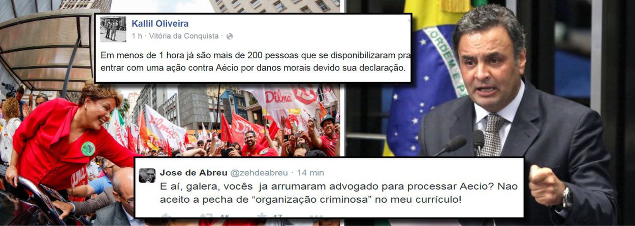 Militantes do PT organizam ação coletiva contra o candidato derrotado na disputa à presidência, que declarou ter pedido a eleição para uma "organização criminosa"; um dos apoiadores é o ator José de Abreu: "E aí, galera, vocês ja arrumaram advogado para processar Aecio? Nao aceito a pecha de 'organização criminosa' no meu currículo!"; quem organiza a ação é Kallil Oliveira, de Vitória da Conquista (BA): "Em menos de 1 hora já são mais de 200 pessoas que se disponibilizaram pra entrar com 1 ação contra Aécio por danos morais devido sua declaração", anunciou o eleitor de Dilma; ontem, o presidente do PT, Rui Falcão, disse que o partido irá interpelar Aécio Neves por sua declaração