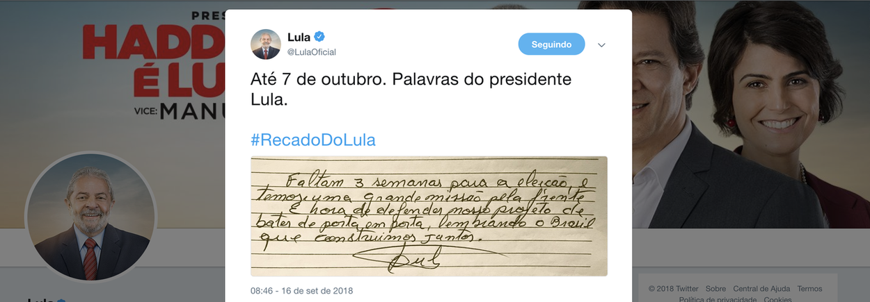 Em novo bilhete, Lula pede campanha de porta em porta por Haddad