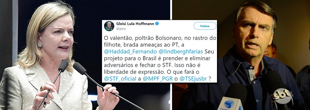 Gleisi pede providências contra Bolsonaro e o filho por ataques ao PT e à democracia