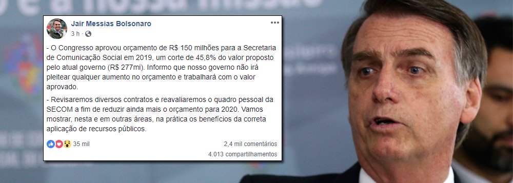 Bolsonaro pressiona mídia com publicidade oficial 45% menor