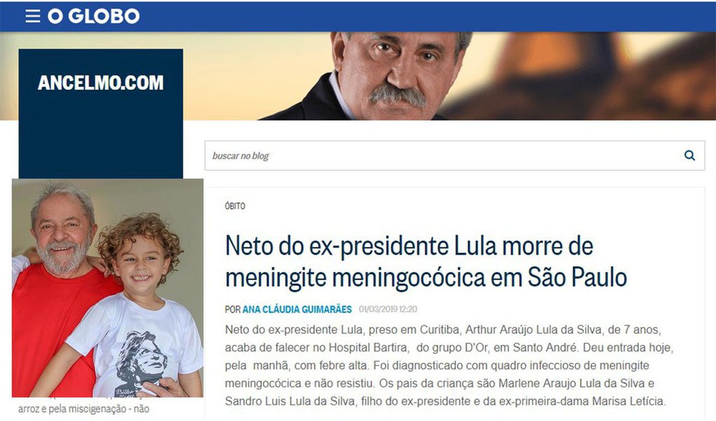 Jornalista do Globo soube da morte de neto de Lula antes de familiares