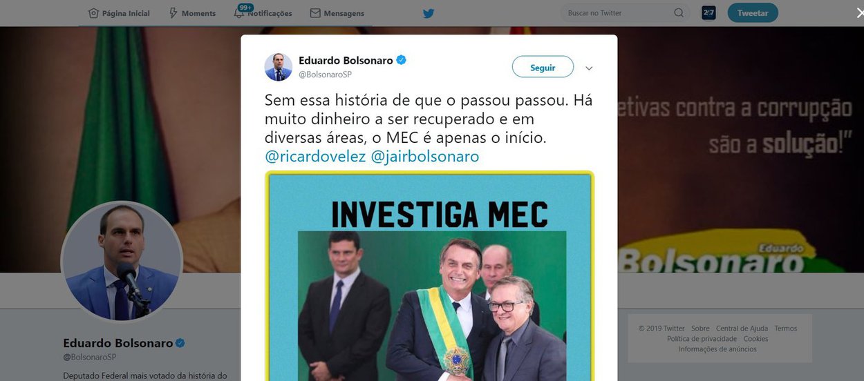 Eduardo Bolsonaro ataca o MEC e leva invertida dos internautas