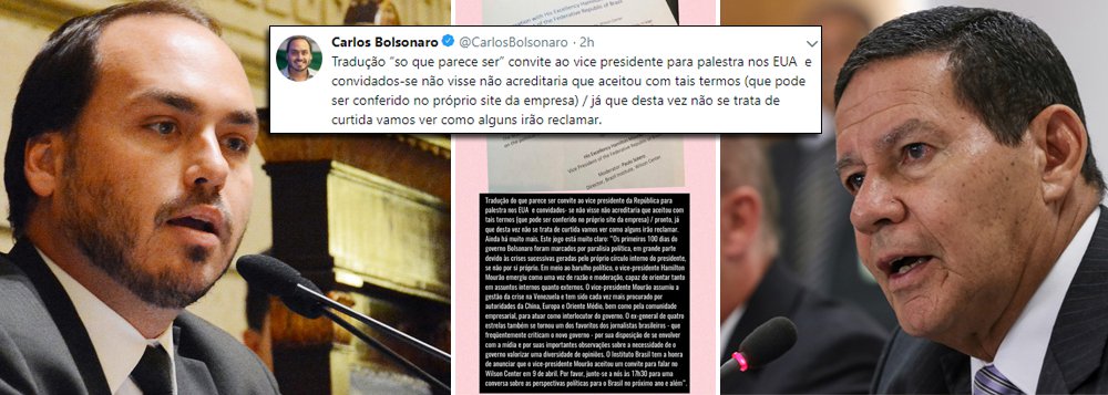 Com fiasco de Bolsonaro, Carlos se mostra paranóico em relação a Mourão