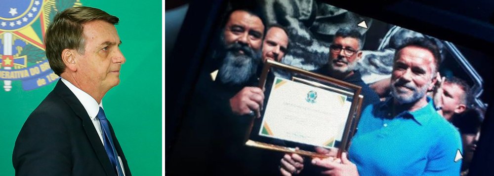Bolsonaro homenageia Arnold Schwarzenegger com “certificado de reconhecimento”