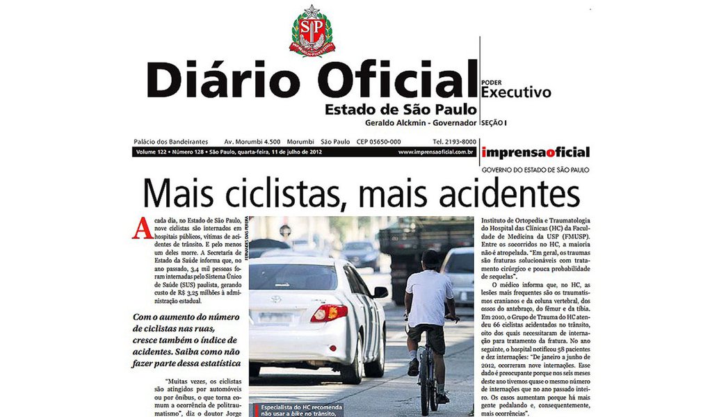 Matéria de capa do Diário Oficial de São Paulo revolta ciclistas