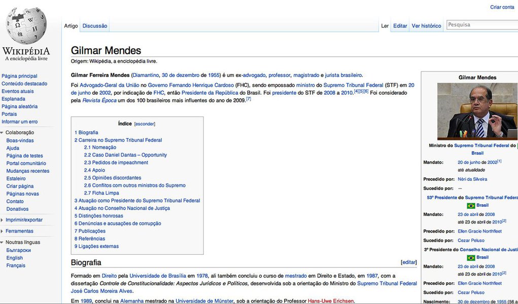 Gilmar Mendes procurou a Wikipédia para reclamar de perfil