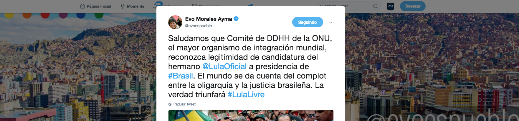 Morales celebra decisão da ONU e diz que mundo já vê complô contra Lula