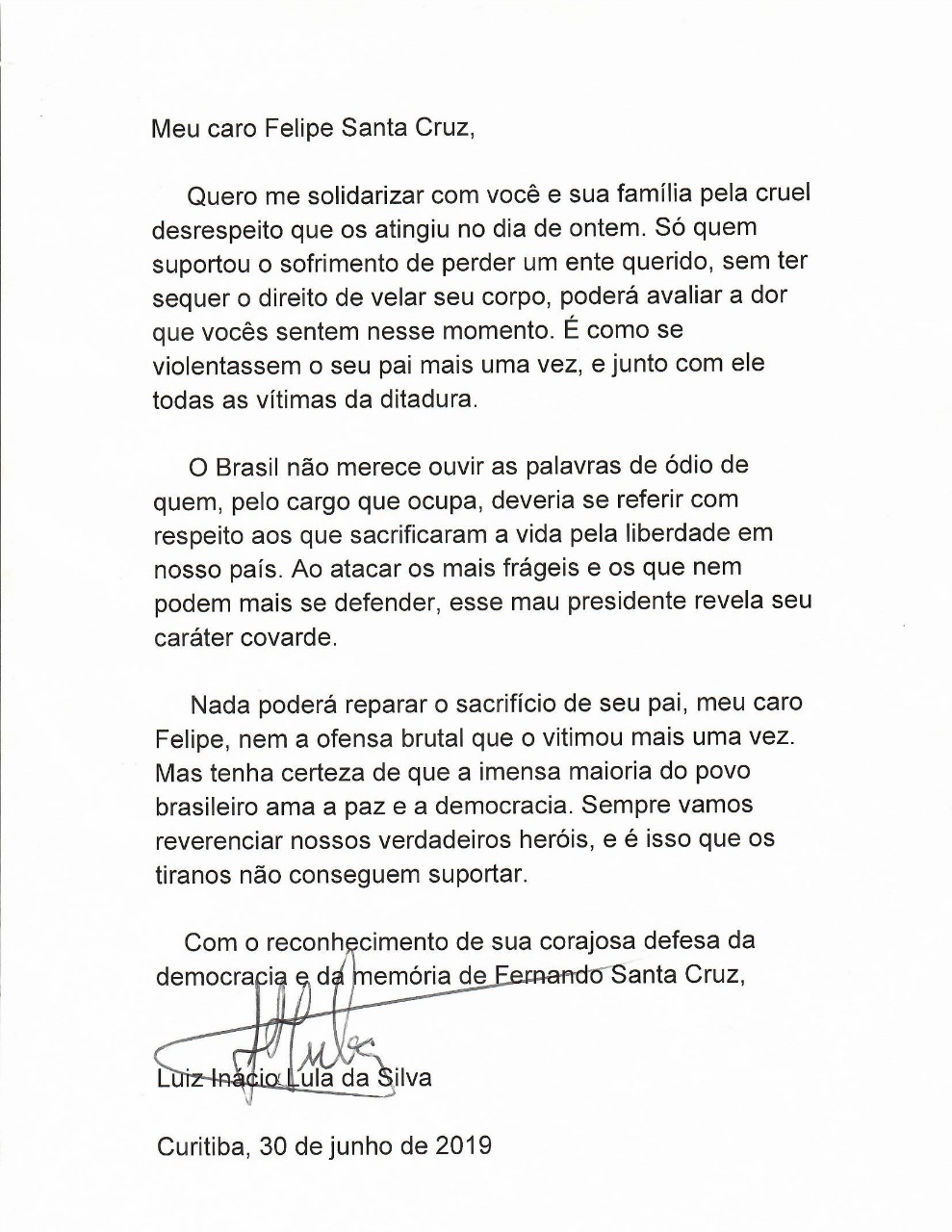 Carta de Lula a Felipe Santa Cruz, presidente da OAB