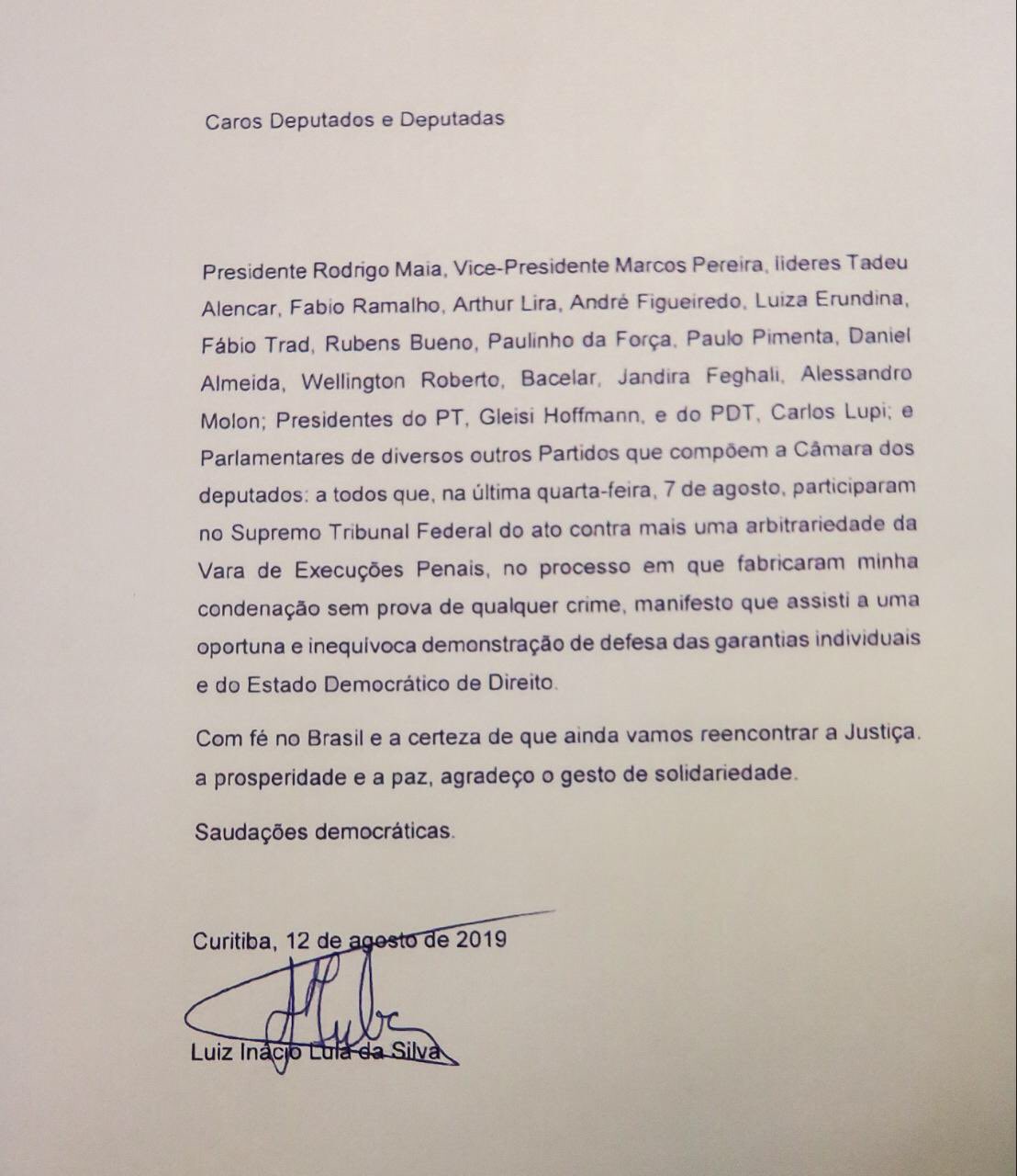 A carta de Lula aos parlamentares