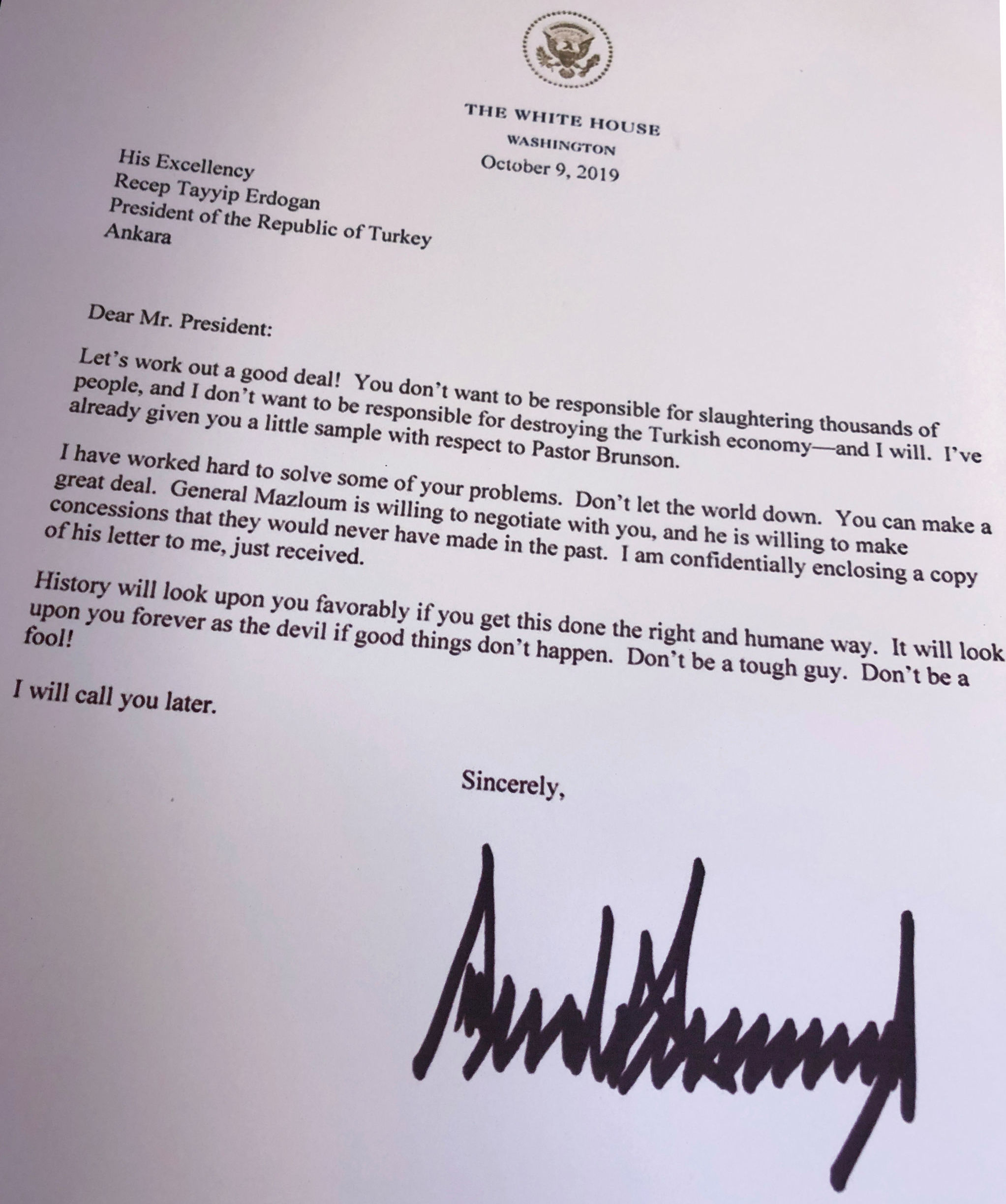 Carta enviada pelo Presidente Donald Trump ao seu homólogo turco Recep Tayyip Erdogan
