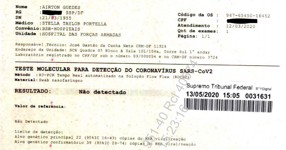 Primeiro exame entregue ao Supremo Tribunal Federal, em processo sobre testagem de Jair Bolsonaro