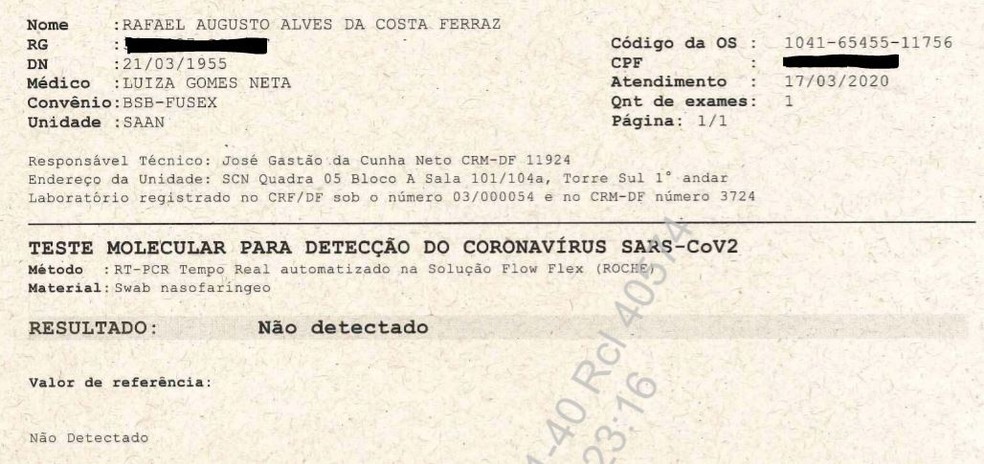 Segundo exame entregue ao Supremo Tribunal Federal, em processo sobre testagem de Jair Bolsonaro