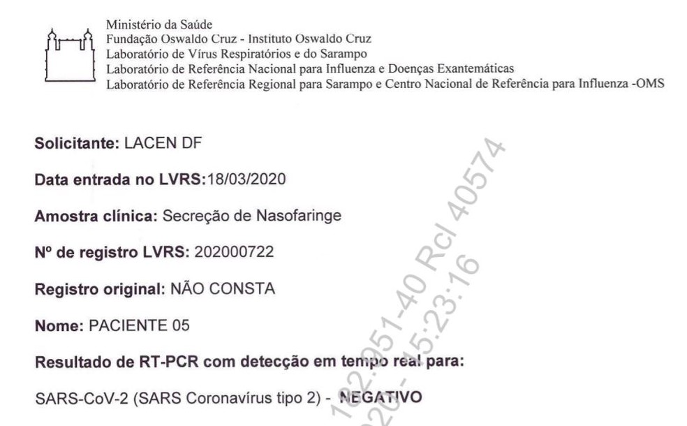 Terceiro exame entregue ao Supremo Tribunal Federal, em processo sobre testagem de Jair Bolsonaro
