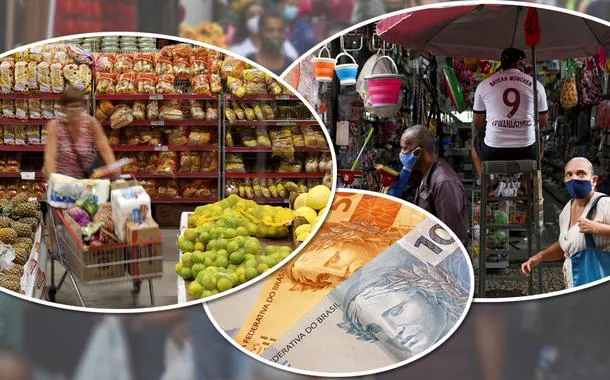 Pessoas fazendo compras e cédulas