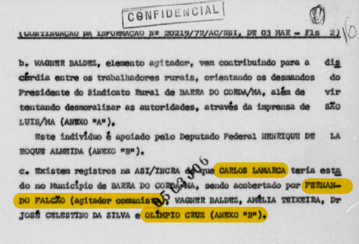 Trecho do relatório que cita a presença de Lamarca na região e a atuação de Fernando Falcão e Olímpio Cruz.