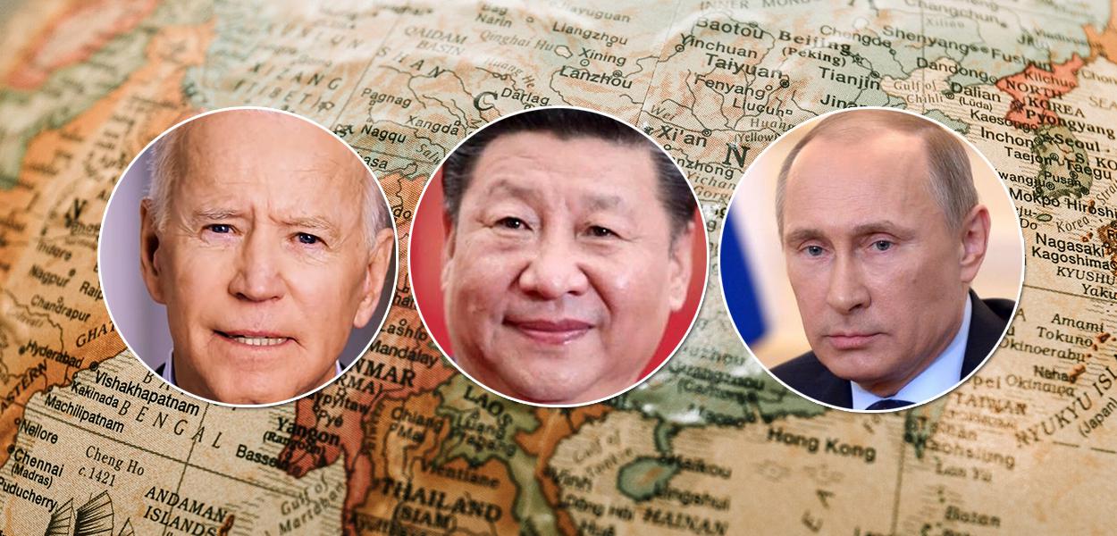 Presidentes Joe Biden (EUA), Xi Jinping (China) e Vladimir Putin (Rússia)