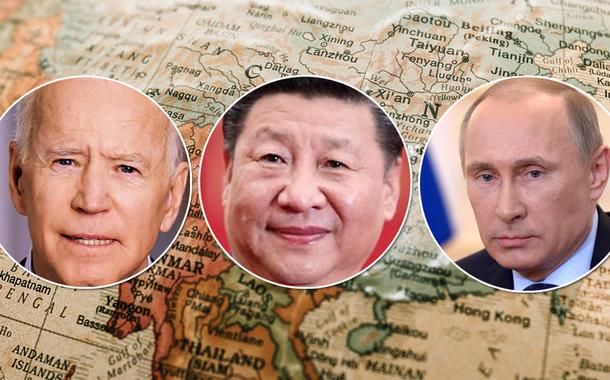Presidentes Joe Biden (EUA), Xi Jinping (China) e Vladimir Putin (Rússia)