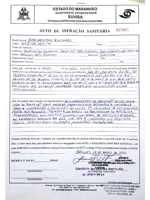 Governo do Maranhão multa Bolsonaro