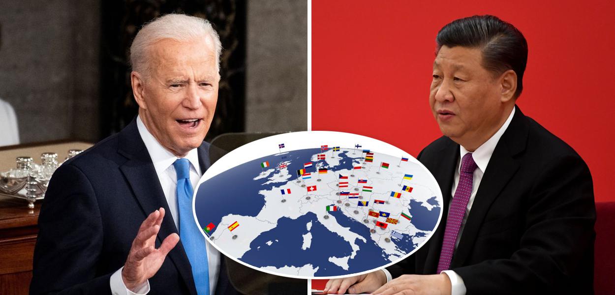 Presidentes dos EUA, Joe Biden, e da China, Xi Jinping, mais o mapa da Europa (Foto: Reprodução | Reuters) Presidentes dos EUA, Joe Biden, e da China, Xi Jinping, mais o mapa da Europa