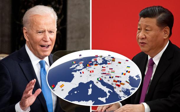 Presidentes dos EUA, Joe Biden, e da China, Xi Jinping, mais o mapa da Europa