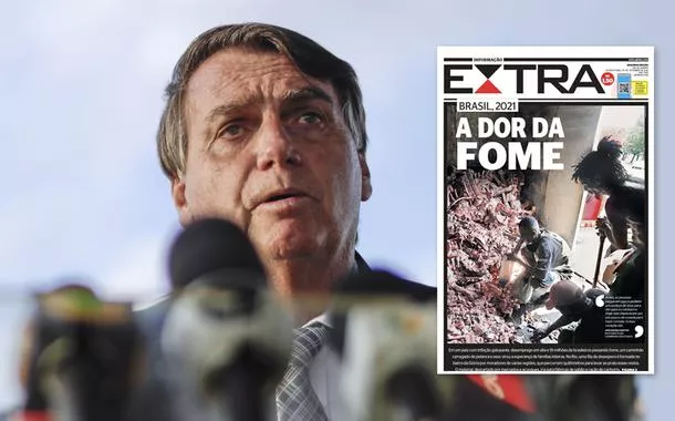 Ex-presidente Jair Bolsonaro e uma capa do jornal Extra, de outubro de 2021